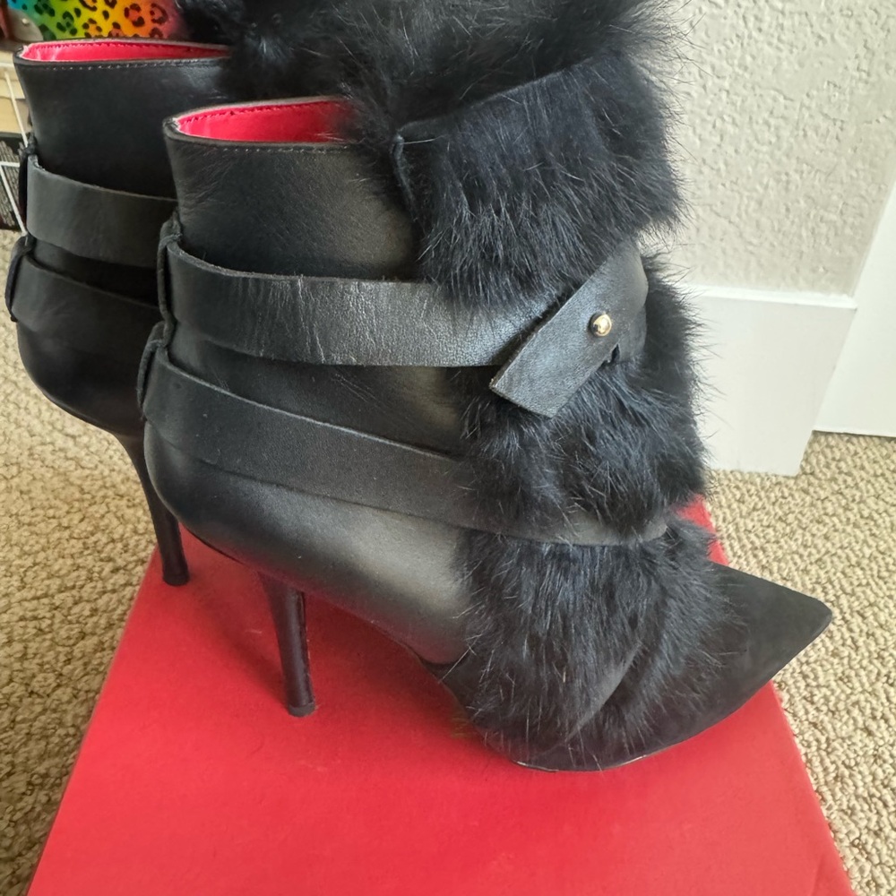 Charles Jourdan Black Heeled Boots with Fur Trim